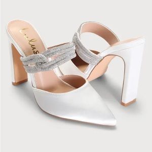 Lulu’s Celines White Satin Rhinestone Pointed-Toe Mule Pumps